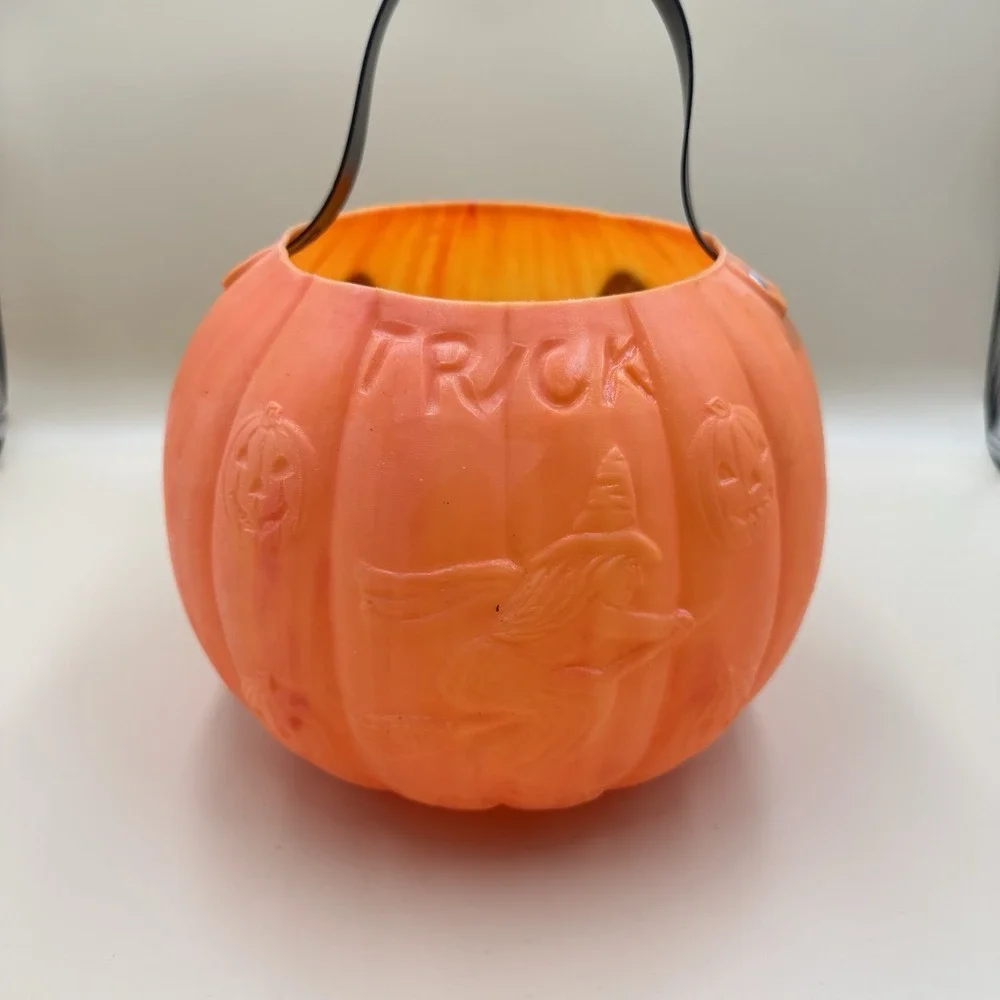 Vintage Renzi 2-Sided Halloween Blow Mold Pumpkin Witch Candy Pail Bucket Retro